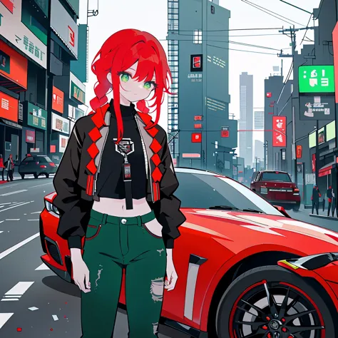 tiro de corpo inteiro, asian woman irina shidou red hair with braids green eyes, em uma cidade cyberpunk, vestindo uma jaqueta b...