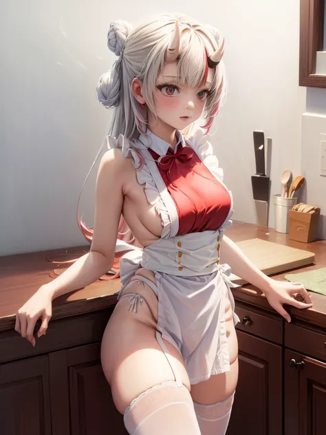 (masterpiece:1.3),(highly detailed:1.3),(highres:1.1),best quality,Ultra-detail,1girl,solo,kitchen,jelofolkwang,naked apron,((white apron)),ass,sideboob, unclear clothes , white pantie, ((perfect body)), salon,((take off pantie)), legwear ,hand pantie, ((p...