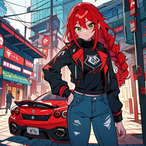 tiro de corpo inteiro, Asian woman Irina Shidou red hair with braids green eyes, em uma cidade cyberpunk, vestindo uma jaqueta bomber e um top curto e shorts jeans, ao lado de um Nissan GT-R, Tiro frontal, obra de arte, altamente detalhado