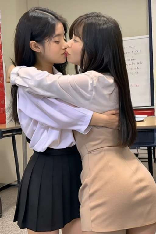 Women teacher and girl student, sexy outfit, kiss other 