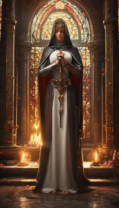 (realistic, highres, masterpiece:1.2), a young woman, beautiful, she is a nun, she also belongs to a secret society of warriors, dressed in sacred armor with religious emblems, on her head a religious veil, in her hand she holds a large sword, in the other...