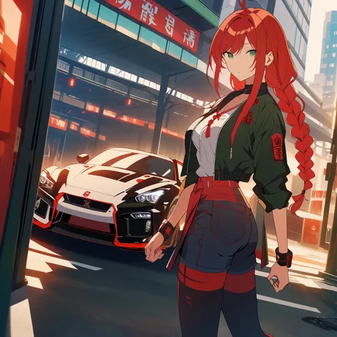 tiro de corpo inteiro, Asian woman Irina Shidou red hair with braids green eyes, em uma cidade cyberpunk, vestindo uma jaqueta bomber e um top curto e shorts jeans, ao lado de um Nissan GT-R, Tiro frontal, obra de arte, altamente detalhado