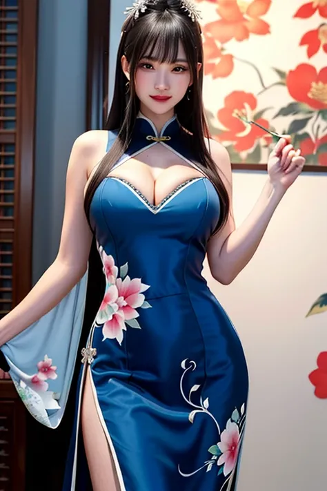 Cheongsam beauty with an alluring gaze, her huge long saggy breasts drawing the audiences attention, the cleavage of her low-cut dress enticingly on display. One giant breast stands out proudly, defying gravity, as she confidently poses before an admiring ...