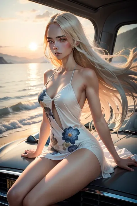 A stunningly beautiful girl sits gracefully on the sleek, shiny car hood, her long, flowing blonde hair catching the wind. She wears a sun dress with delicate floral patterns, and her bright, blue eyes are fixed on the horizon with a look of wonder and exc...