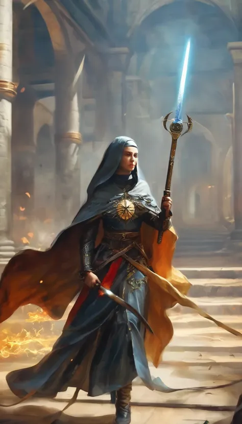 (realistic, highres, masterpiece:1.2), a young woman, beautiful, she is a nun, she also belongs to a secret society of warriors, dressed in sacred armor with religious emblems, on her head a religious veil, in her hand she holds a large sword, in the other...