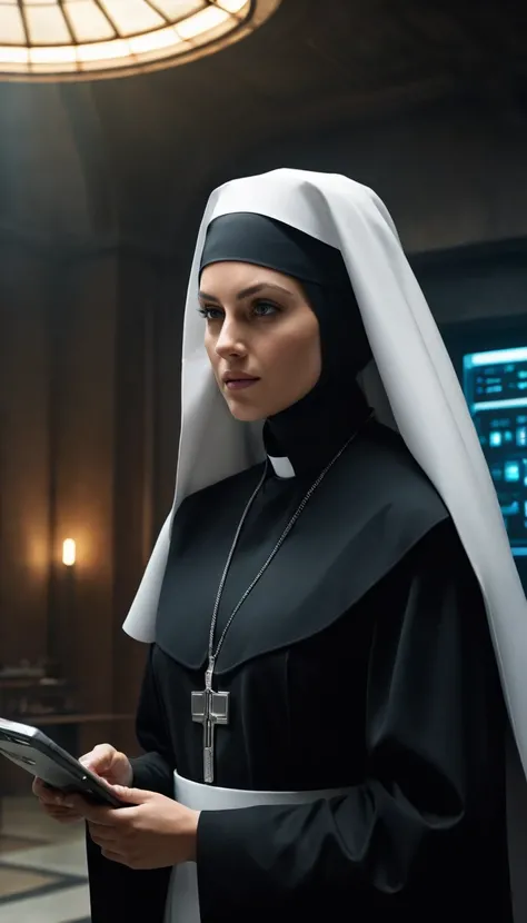 (masterpiece:1.4), (best quality:1.4), (high resolution:1.4), (masterpiece, best quality, high resolution:1.4), nun, she is also a cop, sci-fi world, Gods dedective, working on the case, 