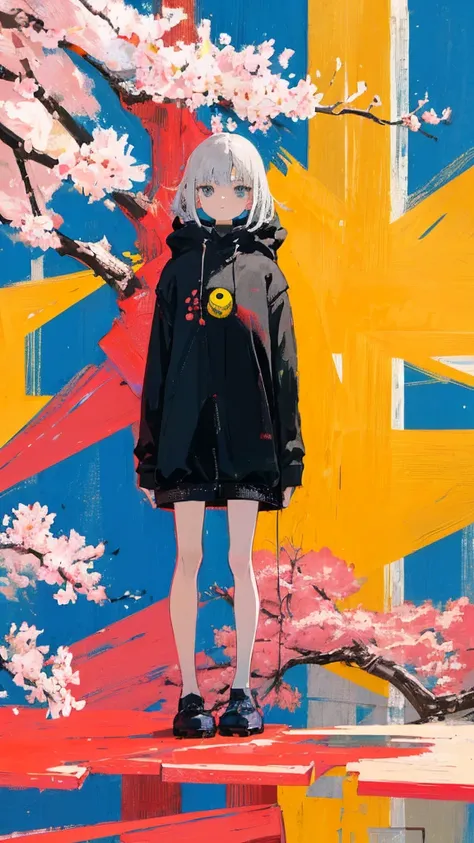 (shape: giant gram), (flat color:0.9),(colorful:1.1),(masterpiece:1,2), highest quality, masterpiece, High resolution, original, highly detailed wallpaper, looking at the viewer,,,1 girl,alone,Basquiat style,cherry blossoms,small person,Background center