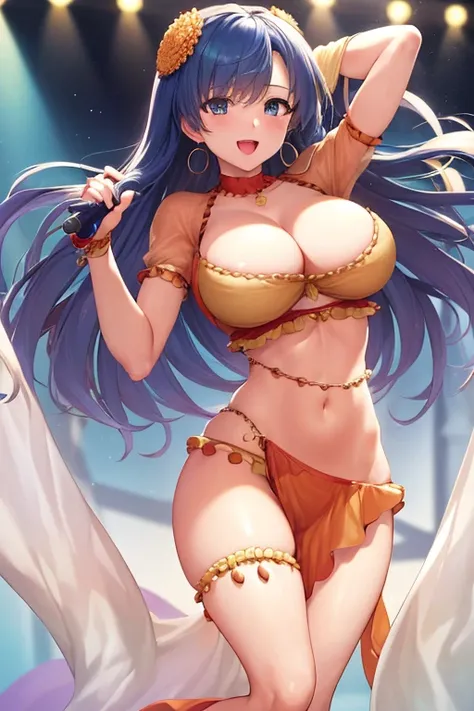 masterpiece, best quality, beautiful art, high resolution, well formed hands, body and fingers, 1 woman, solo, 1 woman, big breasted, cleavage full body, hair ornament, gorgeous legs and thighs, blue hair, blue eyes, wearing a Mata Hari outfit, sexy arabia...