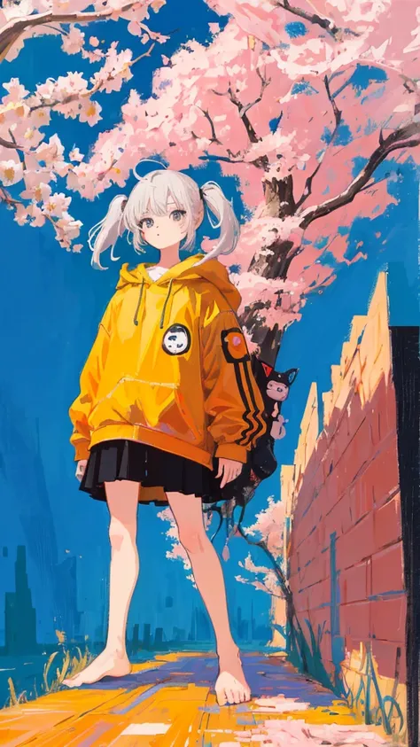 (shape: giant gram), (flat color:0.9),(colorful:1.1),(masterpiece:1,2), highest quality, masterpiece, High resolution, original, highly detailed wallpaper, looking at the viewer,,,1 girl,alone,Basquiat style,cherry blossoms,small person,Background center,b...