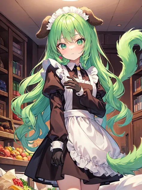 anime style dark thick outline,ultra detailed face,
cute boy,chou kawaii shota,light green hair,wavy long hair,dog ears,dog tail,wearing maid costume,gloves,