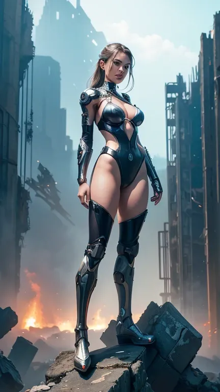 a beautiful cyborg woman standing on top of a pile of rubble ,wears swimsuit shiny armor , cyborg - girl, beutiful girl cyborg, beautiful cyborg girl pinup, hyperrealistic fantasy art,  beutiful white girl cyborg, , sci-fi fantasy art, detailed sci-fi art,...