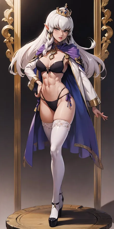 extremely long hair , ponytail, perfect anatomy 1 girl tall solo, slim thick, ((muscular)) high elf toned body, silver breast plate, blue cape, slendered abs, hourglass waist, detailed face, defined cheekbones, puffy lips, gauntlets, gold crown, shadow ove...