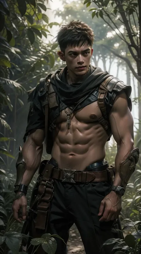 ultra high detail professional photograph of a ((hunky male druid)), natural looking face, fantasy theme, dark night background, shirtless, skimpy leaf armor, large round pecs, ((sexy look)), skin pores, matte, pastel colors, ((warm light on the subject)),...