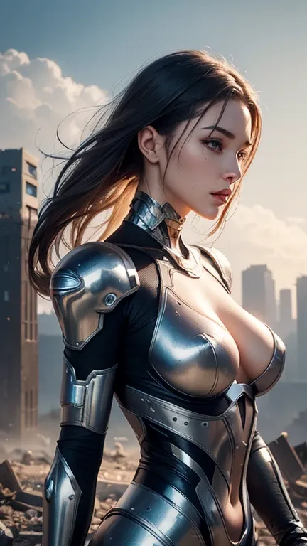 a beautiful cyborg woman standing on top of a pile of rubble ,wears metal swimsuit shiny armor , cyborg-girl, beautiful girl cyborg, beautiful cyborg girl pinup, hyperrealistic fantasy art,  beutiful white girl cyborg, , sci-fi fantasy art, detailed sci-fi...