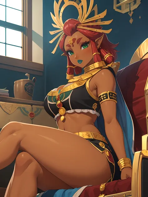 Big breasts, green eyes, dark blue lips, sitting on a throne, sexy legs, Riju