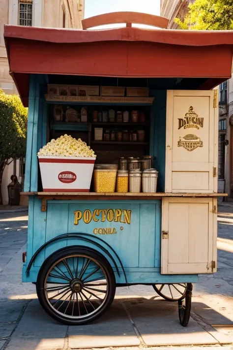 Foto pintura, a popcorn cart in a square, dia ensolarado, natural lighting