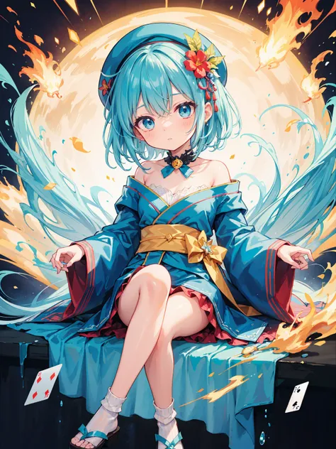 a stylized, vibrant character that appears to be from a card-based game or an anime series. The character has a youthful, whimsical appearance with big, expressive blue eyes and short, straight light blue hair with a flower hairpiece tucked into the left s...