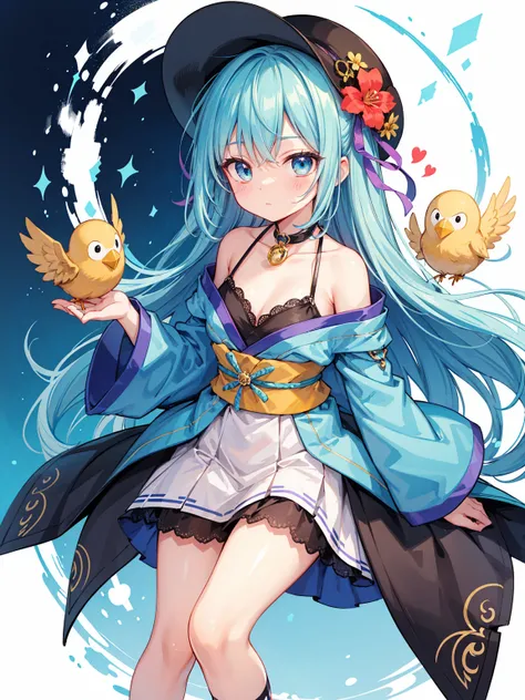 a stylized, vibrant character that appears to be from a card-based game or an anime series. The character has a youthful, whimsical appearance with big, expressive blue eyes and short, straight light blue hair with a flower hairpiece tucked into the left s...