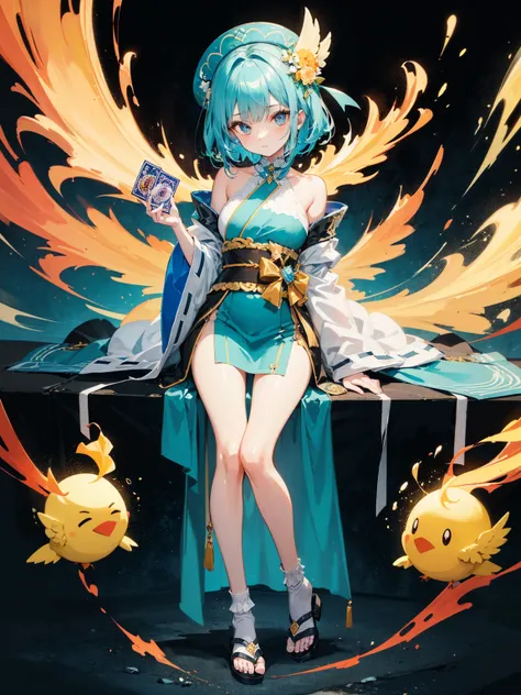 a stylized, vibrant character that appears to be from a card-based game or an anime series. The character has a youthful, whimsical appearance with big, expressive blue eyes and short, straight light blue hair with a flower hairpiece tucked into the left s...