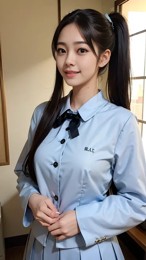 shake her hand、thin脚、ponytail、extraordinary beauty、cute face、best smile、cute smile、frontage、thin、straight hair、School、Ulchan-6500-v1.1, (Raw photo:1.2), (Photoreal:1.4),　beautiful detailed girl, very detailed目と顔, beautiful and fine eyes,  huge file size,  ...