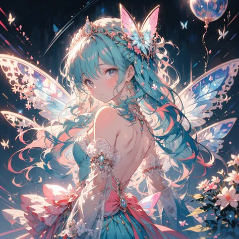 (exquisite, beautiful, very detailed, masterpiece, high quality, High resolution)(soft thin lines: 1.2, beautiful and delicate face), (Butterfly-like fairy wings growing from her back), late night, The whole body from a little distance,Before going to bed ...