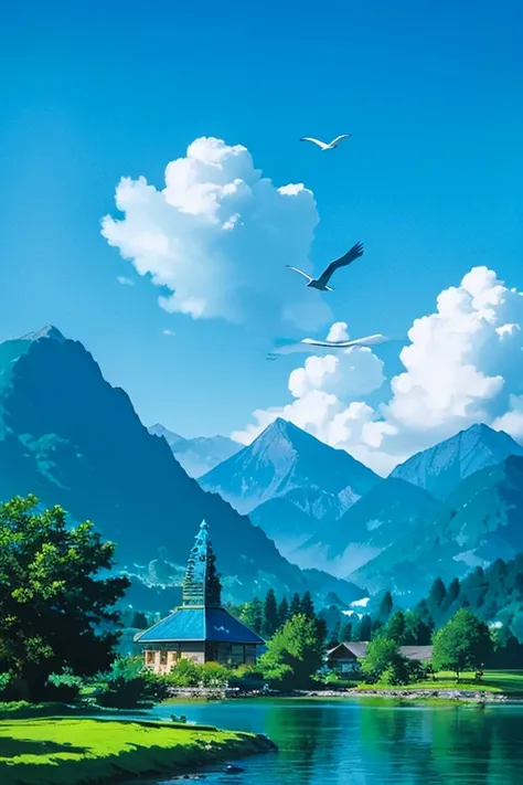 (blue theme:1.3), scenery, tree, water, architecture, mountain, cloud, bird, nature, masterpiece, best qualitylandscape