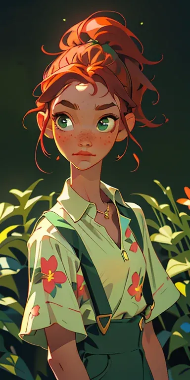 (masterpiece, best quality), 1girl, collarbone, wavy hair, looking at the viewer, blurry, upper body, necklace, suspenders, floral print, ponytail, freckles, red hair, sunlight, alien, green light, green molasses