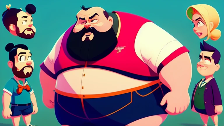 cartoon character of a bearded fat man extremely thick thighs bulging belly wearing a red swim trunks watch with different poses and poses, arte conceitual de desenho animado, design de personagens muito estilizado, design de personagens estilizados, desig...