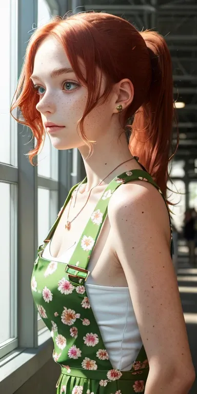 (masterpiece, best quality), 1girl, collarbone, wavy hair, looking at the viewer, blurry, upper body, necklace, suspenders, floral print, ponytail, freckles, red hair, sunlight, alien, green light, green molasses