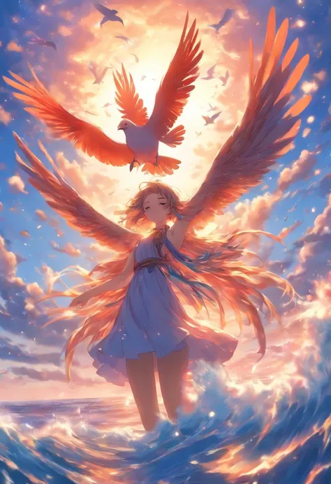 Bird in a clear sky, personification of freedom, ocean, beautiful female hands, a book, in the book there is an illustration of a similar bird in the sky