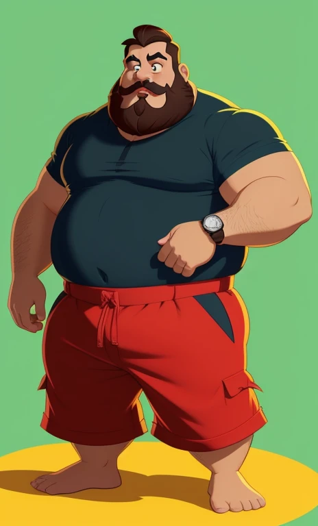 cartoon character of a bearded fat man extremely thick thighs bulging belly wearing a red swim trunks watch with different poses and poses, arte conceitual de desenho animado, design de personagens muito estilizado, design de personagens estilizados, desig...