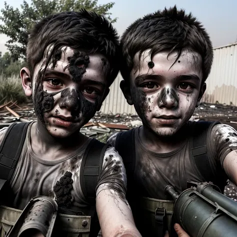 two boys taking a selfie, covered in soot and in tatters after a rocket launcher explosion