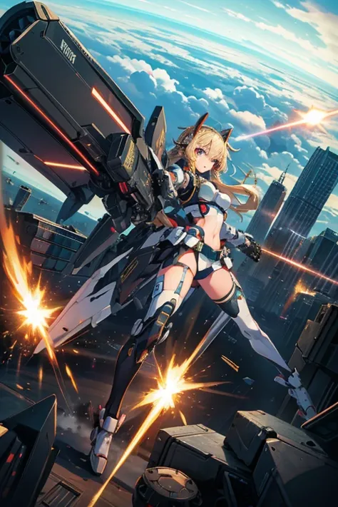 highest image quality, highest quality,High definition, high resolution image quality,8k. A-Meaha Musume.1 girl ,mecha musume.A laser gun is being fired from above a large train.I see a long line,A shot down fighter plane falls,