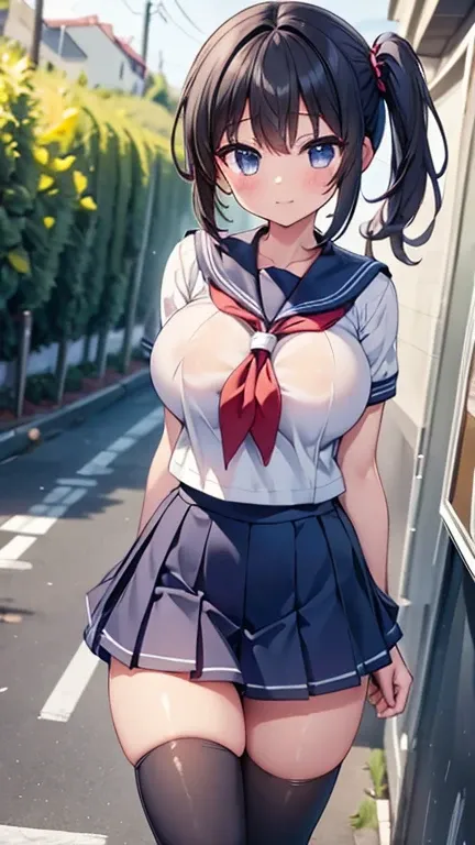 highest quality,wonderful,finely,extremely detailed CG Unity 8K wallpaper, (1 girl, black hair, side ponytail),(torn clothes:1.3),(huge breasts:1.1),(sailor uniform:1.3), (zettai ryouiki:1.4)