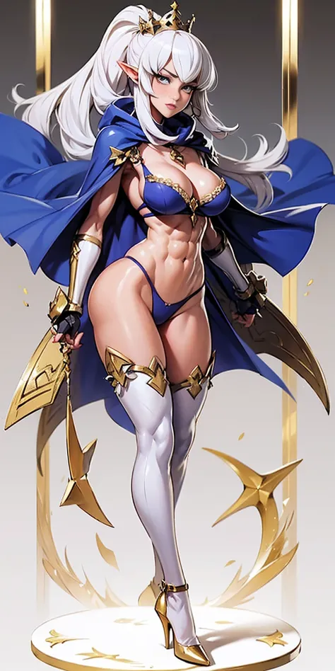 extremely long hair , ponytail, perfect anatomy 1 girl tall solo, slim thick, ((muscular)) high elf toned body, silver breast plate, blue cape, slendered abs, hourglass waist, detailed face, defined cheekbones, puffy lips, gauntlets, gold crown, shadow ove...