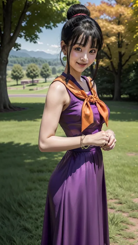 beauty photo of chichi, bun hair, purple dress, earrings, orange neckerchief, looking at viewer, smiling
outside, standing, park, large hills, trees, hdr, extreme detail, depth of field,
