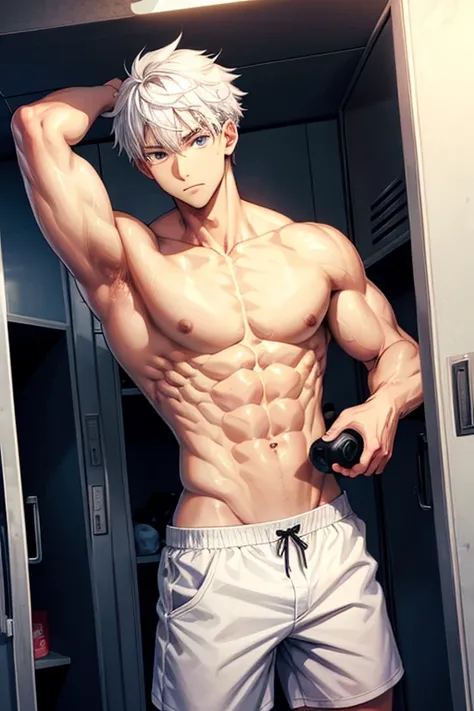 Anime guy about 16 in the locker room without a shirt With white hair 6 pack abs and strong arms