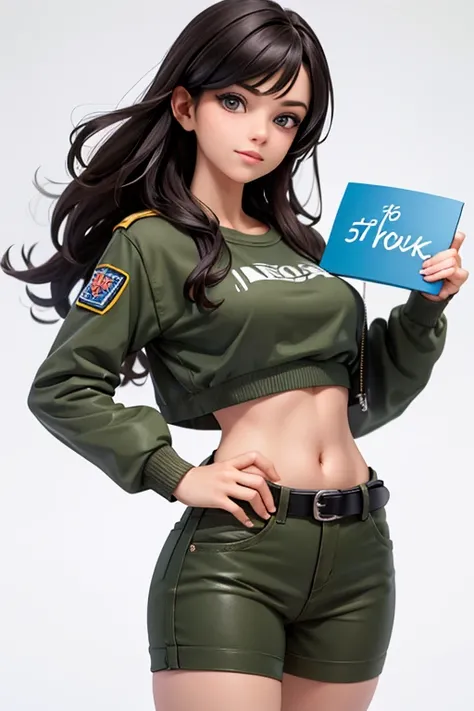 full body, beautiful 20 year old European brunette, sexy smile, tight camo shorts, belt, green military sports bra, fit, beautiful, masterpiece, best quality, (((white background))), (8k,masterpiece, top quality, best quality, beautiful and aesthetic:1.2),...