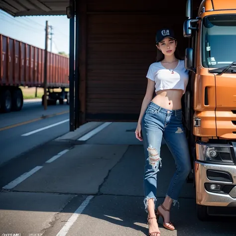 gorgeous female dressed as truck driver, truck in background, attractive, flirting, dirty clothes, dirty skin, (((full body visible))), looking at viewer, portrait, photography, detailed skin, realistic, photo-realistic, 8k, highly detailed, full length fr...