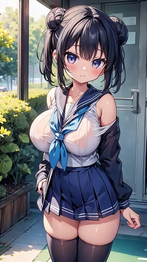 highest quality,wonderful,finely,extremely detailed CG Unity 8K wallpaper, (1 girl, black hair, double bun), (wet clothes:1.3), (huge breasts:1.1),(off-shoulder sailor uniform:1.3), (zettai ryouiki:1.4)