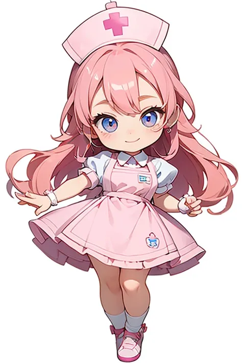 (masterpiece, best quality:1.2), looking at viewer, smile, nurse joy, hair rings,  pink hair, blue eye, big breasts, nurse cap, pink collared dress, white apron, full body, staning, chibi character, thick outline, simple background, white background