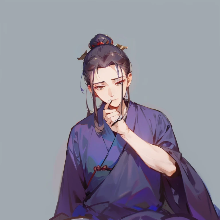 Anime girl in blue kimono sitting，Chin on both hands, flowing hair and gown, Handsome guy in the art of slaying demons, heise jinyao, inspired by Guan Daosheng, Inspired by Chen Daofu, inspired by Wu Daozi, Inspired by Cao Zhibai, Inspired by Bian Shoumin,...