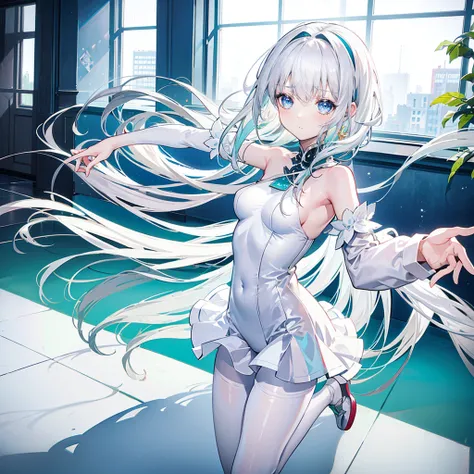 white hair，long hair，Bangs，Bangs整齐，green hair band，gray eyes，cute，girl，Ballet costume，White silk pantyhose，whole body，stand on the ground，Dancing moves，Elegant dance moves，Does not expose fingers，The background is the dance room，Dance practice room，There a...