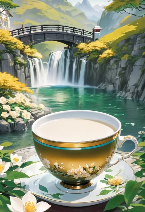 ((milk tea_cup)),(masterpiece, high quality, best quality:1.2),(bridge),waterfall,((water)),(ship:1.5),emerald green,chinese 3d ...