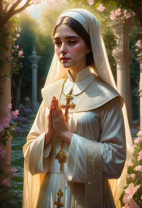 1girl, nun, dark robes, holy cross, serene expression, peaceful garden, soft sunlight, quiet atmosphere, sacred surroundings, (best quality, 4k, 8k, highres, masterpiece:1.2), ultra-detailed, painting-like, soft pastel colors, gentle lighting, aesthetic