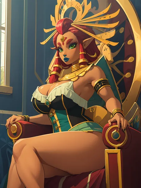 big breasts, green eyes, dark blue lips, sitting on a throne, corset, sexy legs, riju