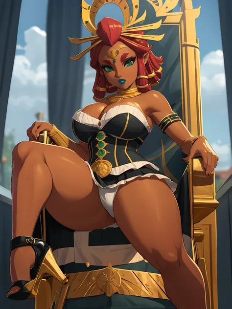 Big breasts, green eyes, dark blue lips, sitting on a throne, corset, black stockings, heels, sexy legs, Riju