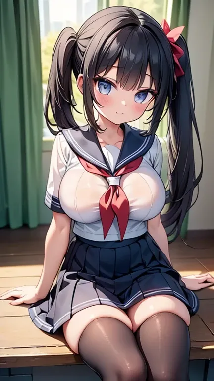 highest quality,wonderful,finely,extremely detailed CG Unity 8K wallpaper, (1 girl, black hair, side ponytail),(huge breasts:1.1),(sailor dress:1.3),(open clothes:1.3), (black stockings:1.1),(Thighs:1.1),(constriction:1.1)