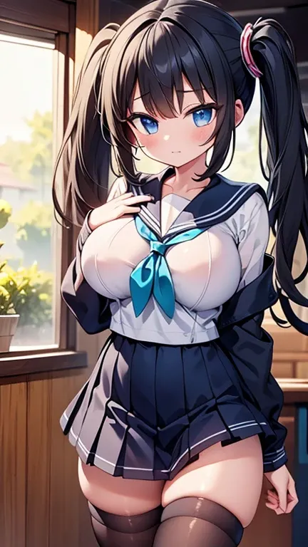 highest quality,wonderful,finely,extremely detailed CG Unity 8K wallpaper, (1 girl, black hair, side ponytail),(huge breasts:1.1),(sailor dress:1.3),(open clothes:1.3), (black stockings:1.1),(Thighs:1.1),(constriction:1.1)