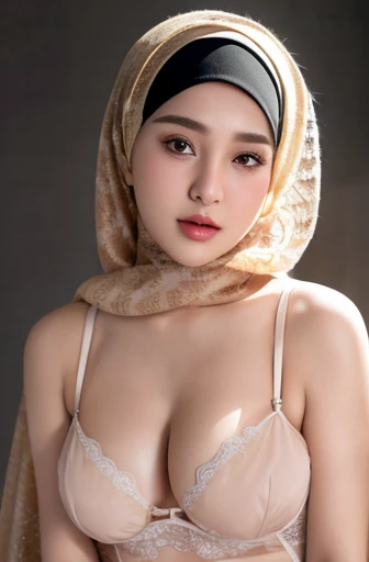 RAW photo of a 24 year old girl wearing hijab but naked, lingerie hijab face portrait,  cowboy shots, open medium breasts, cleavage, part lips, (Mekah background), 8k uhd, dslr, high quality, Fujifilm XT3,